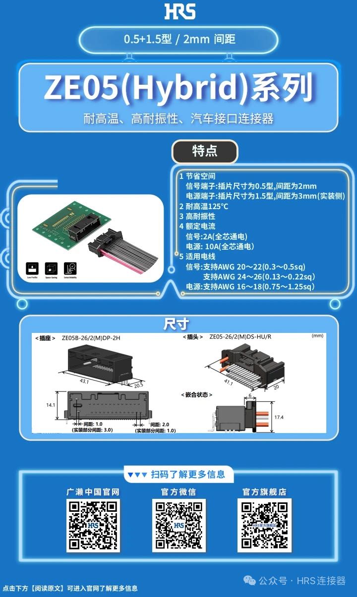 【產(chǎn)品推薦】耐高溫、高耐振性、汽車接口、電源信號(hào)混合型連接器ZE05系列